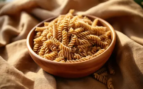 Misternie skręcone fusilli z kukurydzy w drewnianej misce. Makaron bezglutenowy kukurydziany kontra ryżowy – wybór dla zdrowia.