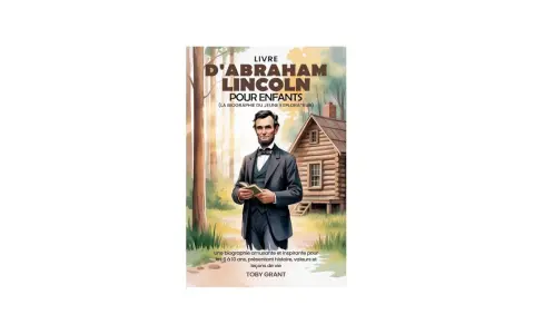 Livre pour enfants sur l'origine d'Abraham Lincoln, le montrant jeune devant une cabane en bois.