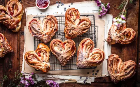 Herzförmige Hefeteilchen mit Marmelade und Nüssen, liebevoll arrangiert auf alten Notenblättern.