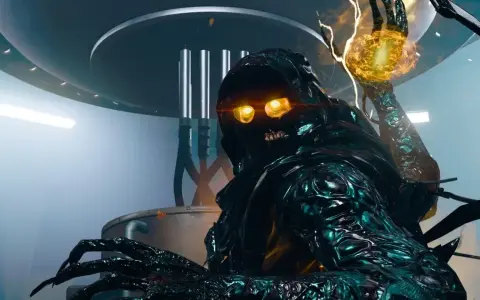 Criatura oscura con ojos brillantes, garras afiladas y energía en su mano, lista para la acción en Black Ops 6.