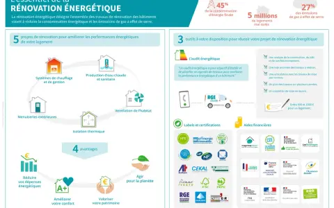 Infographie sur la rénovation énergétique : 5 projets, 3 outils, 4 avantages (confort, économies, planète, patrimoine) et aides financières. L'isolation thermique écologique est clé.
