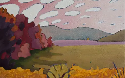 A stylized landscape painting with a pink sky dotted with white clouds. A cluster of dark red and purple foliage is on the left, with rolling hills and a purple body of water in the distance. The foreground is a golden field, reminiscent of a max berry...