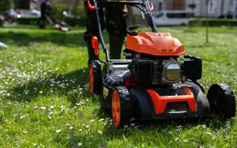 Pomarańczowa kosiarka spalinowa pchana z czarnym silnikiem na zielonej trawie z kwiatkami.