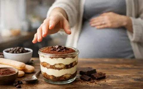 Une main effleure un tiramisu, un délice pour une femme enceinte. Le dessert, garni de cacao et de chocolat, promet un moment gourmand.