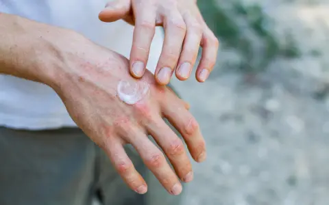 Dłoń z zaczerwienioną, swędzącą skórą, na którą nakładany jest krem. Może to być objaw uczulenia na spermę.