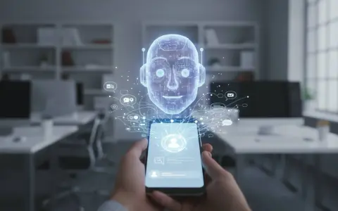 Dłoń trzyma smartfon, z którego wyłania się holograficzna głowa robota. To zaawansowany chatbot, otoczony ikonami komunikacji, gotowy do rozmowy.