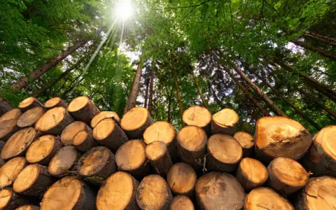 Stos ściętych drzew w lesie, słońce przebija się przez liście. Zastanawiasz się, ile kosztuje wycięcie drzewa?