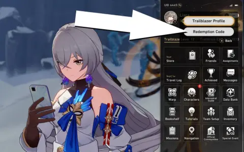 Interfaz de Honkai Star Rail con opción "Redemption Code" para canjear códigos.