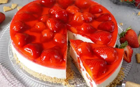 Ein saftiger erdbeerkuchen ohne backen mit frischen Erdbeeren und rotem Tortenguss. Ein Stück ist bereits angeschnitten.