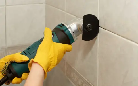 Mit gelben Handschuhen wird eine Fugenfräse benutzt, um Fliesen zu reparieren.