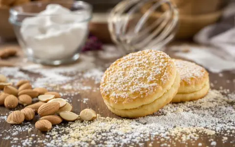 Deux biscuits pour entremet, saupoudrés de sucre glace, reposent sur un lit d'amandes concassées et entières.