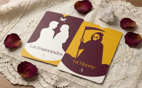 Dos cartas de tarot, "Los Enamorados" y "La Muerte", yacen sobre tela de encaje, rodeadas de pétalos de rosa secos y un cristal.