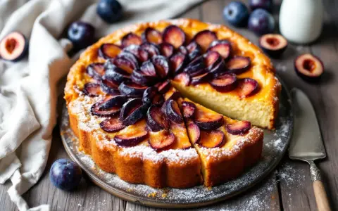 Gâteau aux prunes, saupoudré de sucre glace, avec des prunes fraîches disposées en rosace. Une part est coupée, révélant la texture moelleuse.