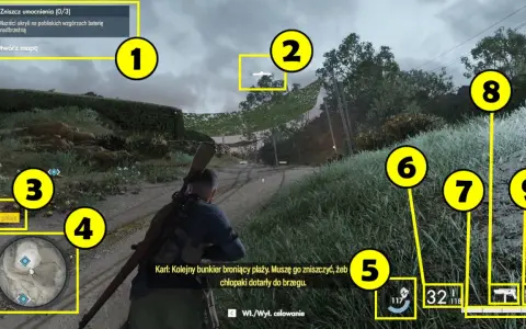Gracz w Sniper Elite 5 niszczy umocnienia. Wskazówki na ekranie pokazują cele misji i stan amunicji, co jest kluczowe dla spełnienia wymagań gry.