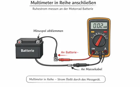Misurazione del voltaggio batteria moto a riposo: un multimetro collegato in serie alla batteria mostra 0.02 mA.