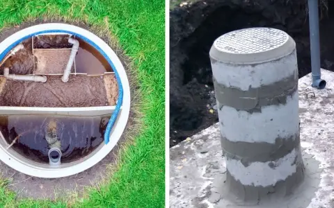 Betonowe szambo z drenażem, widok wnętrza z rurami i zewnętrzna część z włazem.