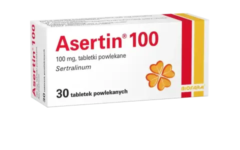 Opakowanie leku Asertin 100 mg, zawierającego sertralinę, na co pomaga w leczeniu depresji i innych schorzeń. 30 tabletek.