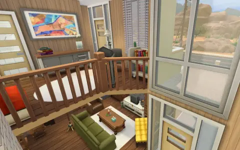Nowoczesne meble w The Sims 4: zielona sofa, drewniany stolik kawowy i żółty puf tworzą przytulny salon.
