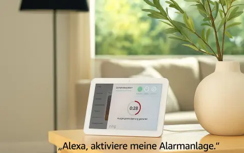 Ein Smart Display zeigt die Benutzeroberfläche eines Sicherheitssystems mit dem Ring-Logo. Alexa steuert das System, das über Zigbee kommuniziert.