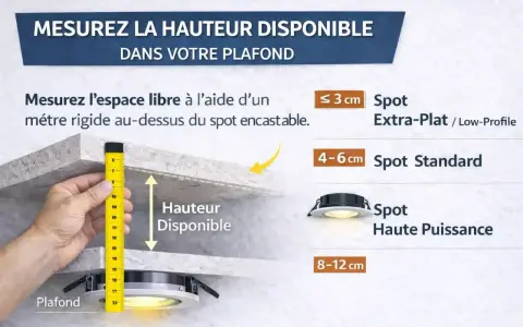 Mesure de la hauteur minimum faux plafond pour spot. Un mètre mesure l'espace disponible au-dessus d'un spot encastré.