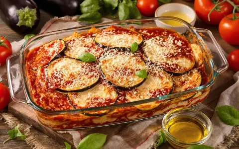 Un plat de parmigiana di melanzane, gratiné et garni de parmesan râpé, prêt à être dégusté. Des aubergines fraîches et des tomates entourent ce délice italien.