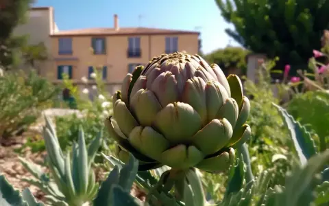 Gros plan sur un artichaut prêt à être récolté, au cœur d'une plantation artichaut pleine terre. En arrière-plan, une maison ensoleillée.
