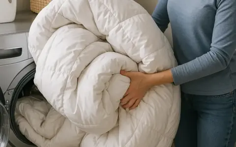Persona saca una colcha de plumas de la lavadora. ¡Qué decepción, la almohada de plumas huele mal después de lavarla!