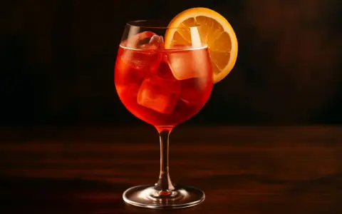 En Campari Spritz med is och en apelsinskiva, perfekt för en solig dag.