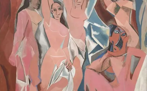 Les demoiselles d'Avignon : cinq femmes aux formes cubistes, certaines nues, dans une composition audacieuse.