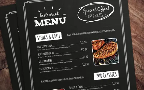 Menú de restaurante con "Steaks & Grill" y "Pub Classics". La **menu engineering** se refleja en la oferta especial "2 por $18".