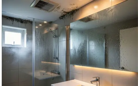 Salle de bain avec moisissures au plafond, signe d'une mauvaise ventilation. Une VMC salle de bain norme est essentielle pour éviter ces problèmes.