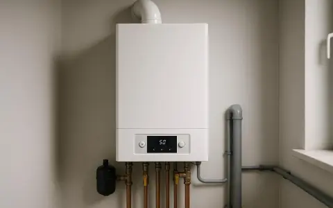 Nowoczesny, biały kocioł kondensacyjny wiszący na ścianie, podłączony do instalacji grzewczej.