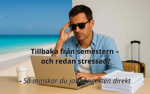 Tillbaka efter semestern och redan stressad? Mannen med solglasögonen på kontoret med en strandbild som bakgrund.