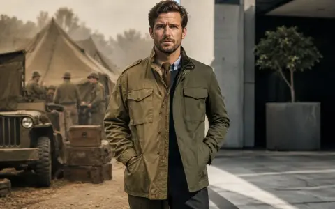 Un uomo indossa una field jacket, un capo iconico che unisce stile militare e moderno. Sullo sfondo, un campo militare con tende e jeep.