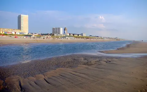Piękny dzień nad morzem w Holandii. Piaszczysta plaża, spokojna woda i nowoczesne budynki w tle tworzą malowniczy krajobraz.
