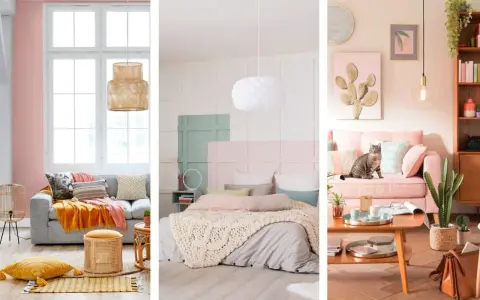 Trois scènes déco douces : salon gris et jaune, chambre pastel, salon rose avec chat. Ambiance chaleureuse couleur bois de rose.