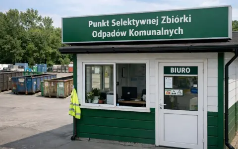 Punkt selektywnej zbiórki odpadów komunalnych. Widać tu kontenery na śmieci, w tym potencjalny kosz na styropian.