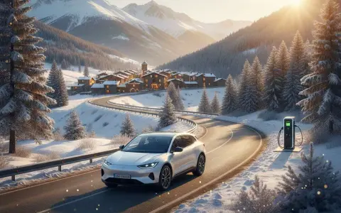 Coche eléctrico blanco en carretera nevada, listo para planificar ruta coche eléctrico. Pueblo y montañas al fondo.