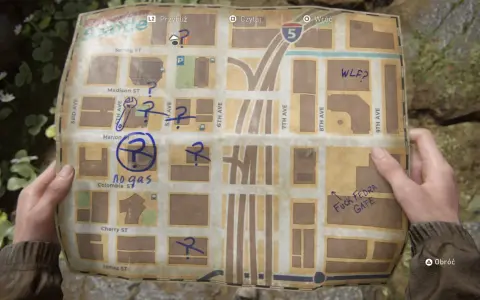 Mapa z zaznaczonymi miejscami, notatkami typu "no gas" i "Fuck FEDRA GATE". Szukamy kodu do bramy w The Last of Us 2.