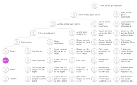 Arbre généalogique illustrant qu'est ce qu'un lien de parenté, de "VOUS" aux arrière-grands-parents et cousins éloignés.
