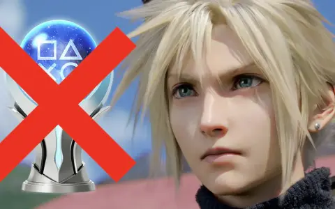 Cloud Strife mira al frente, con un trofeo de platino de Final Fantasy VII Remake tachado con una X roja.