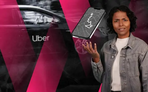 Verwirrte Frau blickt auf ein Handy mit Navigationskarte, während im Hintergrund ein Uber-Auto in Deutschland zu sehen ist.