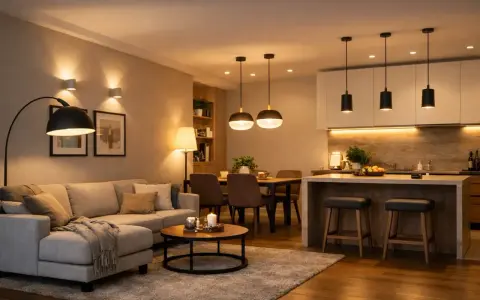 Illuminazione soffusa in soggiorno e cucina: quanti lumen in cucina per creare un'atmosfera accogliente. Lampade a sospensione, da terra e applique creano un ambiente caldo.