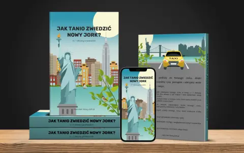Przewodnik "Jak tanio zwiedzić Nowy Jork" z ikonami Statuy Wolności i Empire State Building.