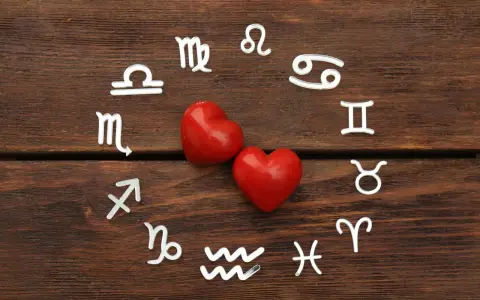 Srebrne symbole znaków zodiaku ułożone w okrąg wokół dwóch czerwonych serc. Wskazują na połączenia znaków zodiaku w miłości.