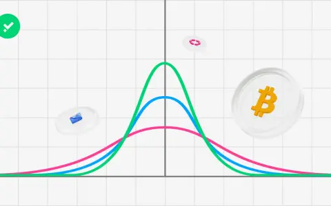Grafico con curve di distribuzione e simboli Bitcoin. Illustra come si calcola la deviazione standard per analizzare la volatilità.