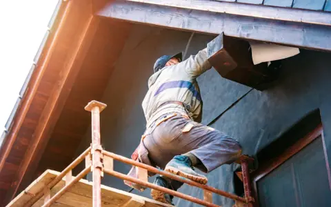 Un ouvrier sur échafaudage réalise l'isolation extérieure d'une maison. Une entreprise RGE pour des travaux d'isolation extérieure performants.