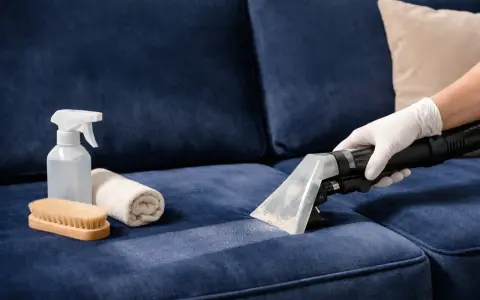 Nettoyer tache canapé velours : un aspirateur extrait la saleté d'un tissu bleu. Brosse, serviette et spray à proximité.