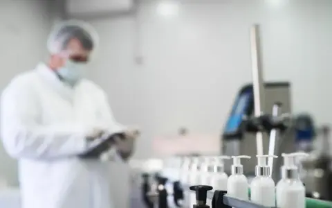 Pracownik w białym fartuchu i masce kontroluje linię produkcyjną z buteleczkami zawierającymi składnik phenoxyethanol.