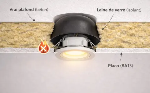 Détail d'un spot encastré dans un plafond Placo, avec isolant en laine de verre. Attention au risque d'incendie si mal installé.
